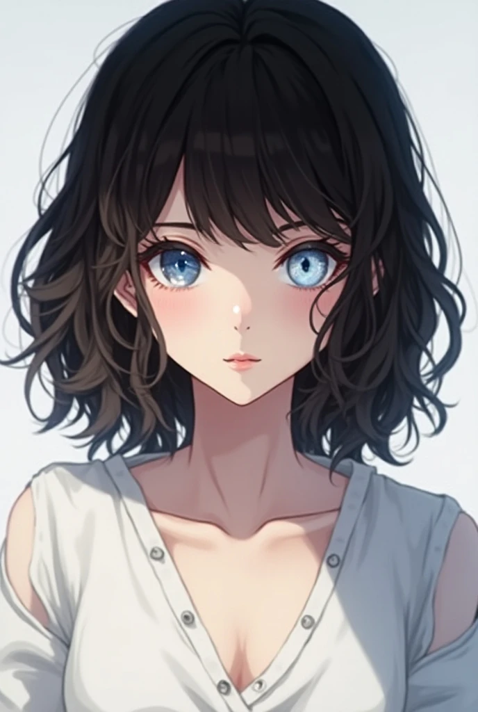  A young woman with dark brown hair, that reaches her shoulders , wavy and fringed , a blue eye and a platinum white one ,  anime style, white clothes