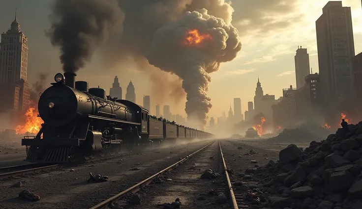 World War 2, a nuclear explosion in the United States, millions of people dead, buildings destroyed, smoke and fire, wreckage of a resting big steam train