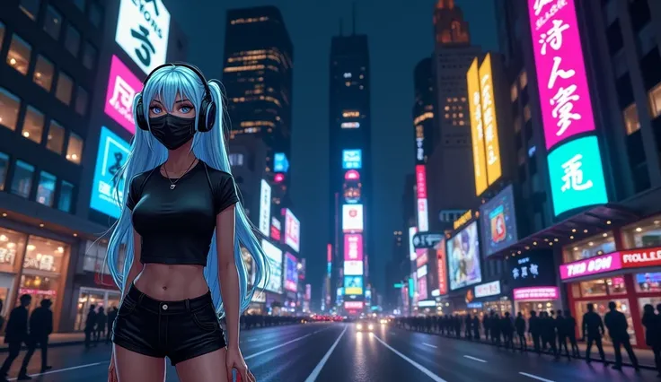 Beautiful sexy girl on the city street, the girl has big headphones, long light blue hair, light blue eyes, half of the face covered with a black mask. Tight black t-shirt, black short skirt.
Super realistic girl, real human, high definition, super detaile...