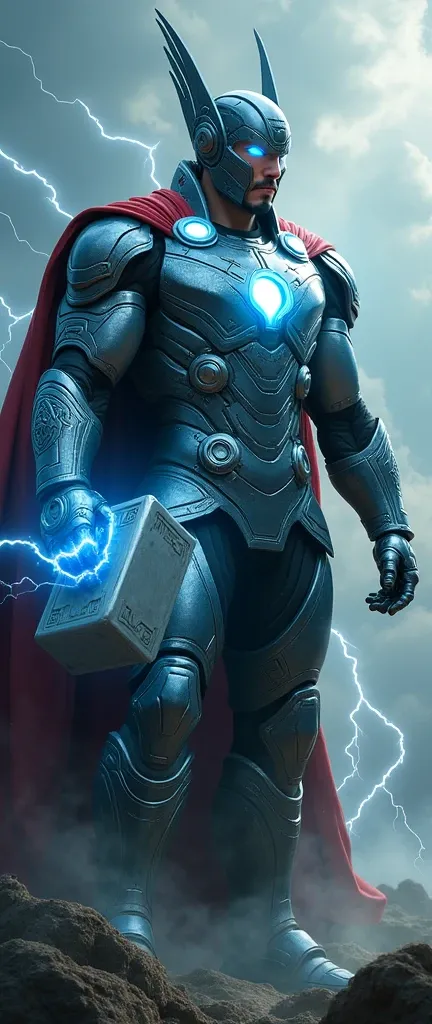 A futuristic warrior combining Iron Mans advanced armor and Thor’s Asgardian powers. The suit is metallic, with glowing blue arc reactor energy embedded in the chest, and ornate Norse runes etched across the armor. The helmet has Thor’s signature winged de...