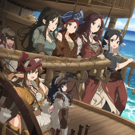 Anime, high detailed, a full girls pirate team,  multiple girls, pirates ship, pirates clothes, long hair, elf ears, pirates crew, treasures chests between them