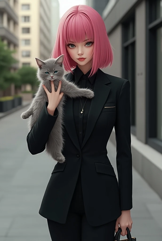 Pink-haired woman in black suit carrying American shorthair cat