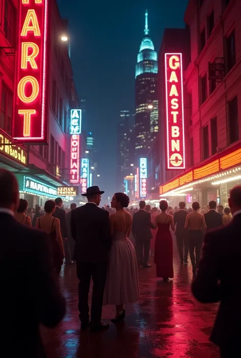 Realistic, the theme is "Neon Town at Night", the Harlem district of New York during the Prohibition era in the 1920s, the city filled with cheers and pleasure, well-dressed couples having fun, sophisticated design, advanced lighting technology, real-life ...