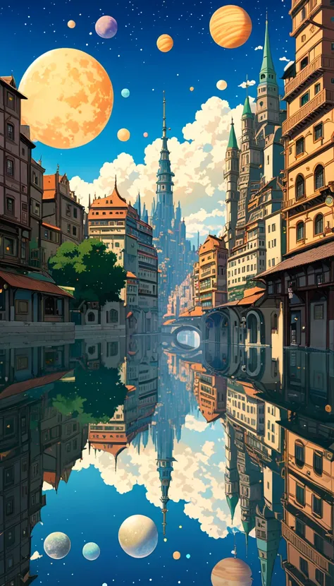 ((only background)), ((anime:1.4,illustration)),(masterpiece, top quality, best quality),(ultra-detailed, absolutely resolution),((16k, high res)).(reflect), BREAK {(anime movie by Studio Ghibli Style: 1.5)} BREAK {dfantastical upside-down city. The city s...