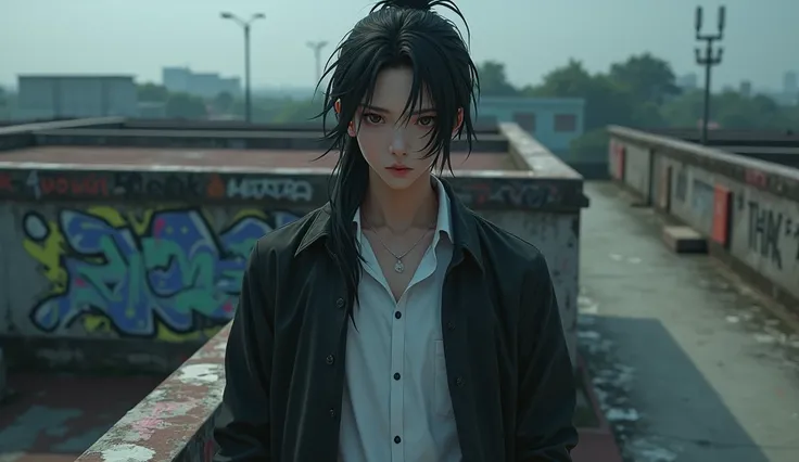 medium close up, a man, Indonesian high school student, white, sharp gaze full of charisma, has a tall and athletic body, distinctive long black hair tied half back, wearing a black Suzuran school uniform with an oversized jacket that is always open, showi...