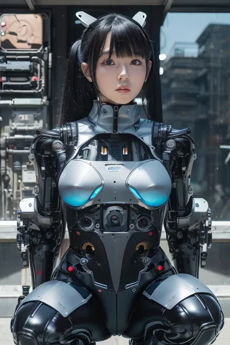  masterpiece, best quality, extremely detailed, Japanese android girl,portrait,Plump ,control panels,Squat,android,droid,Mechanical Hand,Robot arms and legs, Black Robot Parts,black hair,darkblack tights,blunt bangs,white robot body,platform sneaker,blue e...