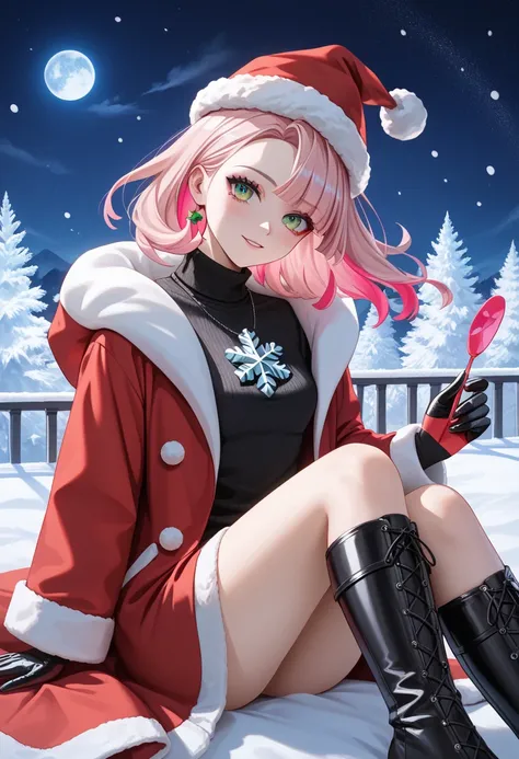 (masterpiece, best quality:1.2), (absurdres, highres, ultra-detailed), (perfect anatomy), 1 Japanese woman, 22yo,beautiful eyes00 , ((multicolored hair , dark pink hair, pink hair, light pink hair)), medium hair, green eyes, (wearing (Xmas,
santa costume, ...