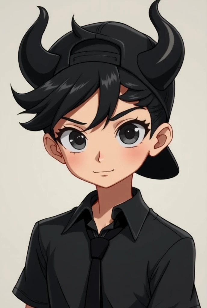 Handsome boy with black hair gray backwards cap
Black horns and black shirt with black tie in animate the character 