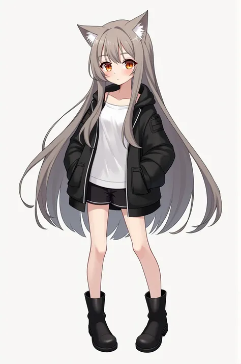 A quiet and shy anime-style character named Yuki Kagemori with long, light brown hair mixed with strong gray tones. The character has an irregular fringe with two thin strands falling at the sides of his face and expressive white cat ears. His eyes are ora...