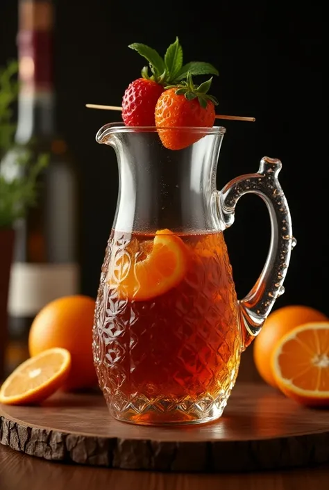 Beer mug and whiskey ale,  luxurious 2 liter rock glass jug carved with ear,  jug decorated with strawberries and orange slices on a toothpick ,   the jug sits on a luxurious dark oak table ,   hyperrealistic photo  , 4k,   superior quality  .

 


 
