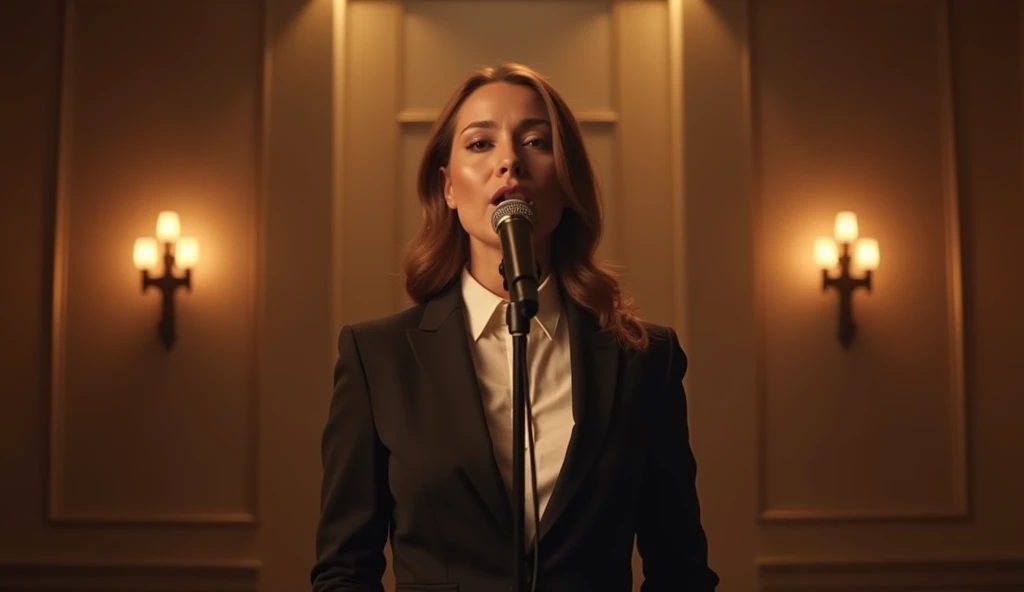 A woman singing behind mic in the middle of a modern studio with formal clothes, with illuminated crosses on the walls behind her on the walls, high detail, cinematic lighting, warm ambiance, realism, 4k resolution, masterful composition. 