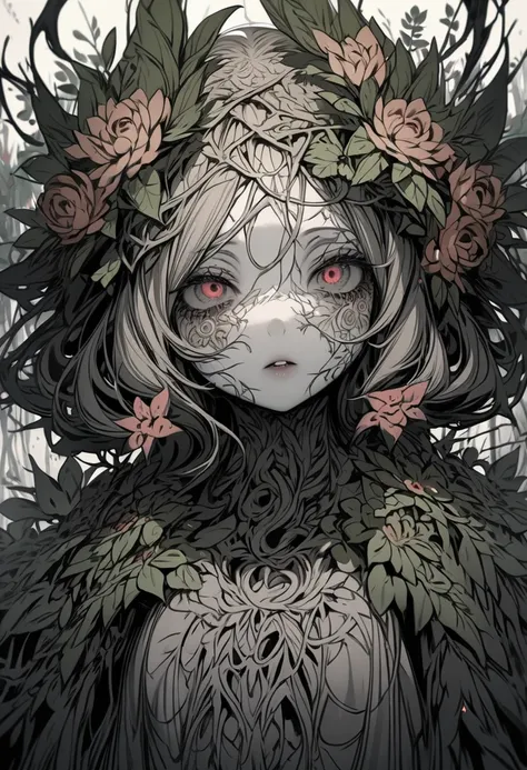  Mythical Forest Girl , masterpiece,  perfect face, intricate details, horror theme, Flower Man , Soft and Harmonious Style