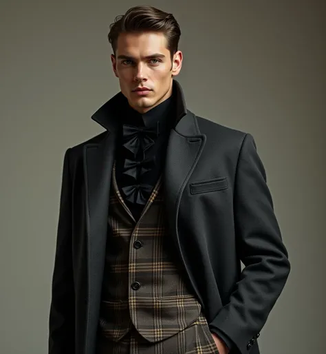 Porcelain Skin,  combined perfectly with his charcoal overcoat, a starched black ruffle collar and plaid pants ,  I was jealous of how well dressed he was .