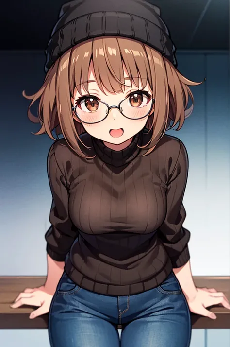 Anatomically Correct, High Resolution, High Quality, Short Hair, Bangs, Brown Hair, Wavy Hair, Messy Hair, Medium-Sized Breasts, Depth Of Field, Anime, Cute Black Heavyweight Sweater, Black Jeans, Black Square Glasses, Beautiful Brown Eyes, Cute, Short, Ha...