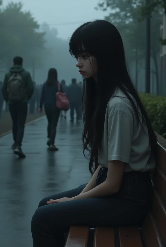 Realistic like a photo, late teen girl sitting on bench, long hair, sad atmosphere, ((side view)), crying, alone, at school, have many people in background 