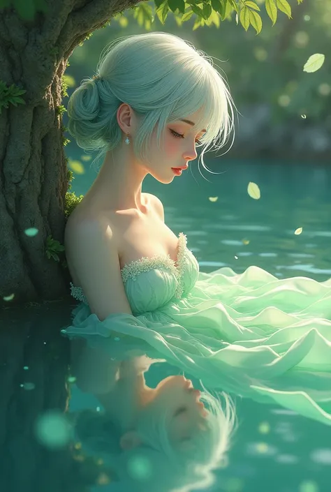 The waters reflection shows a person with silvery-white hair, that grows progressively brighter green at the ends. Your skin is smooth and soft, and your features overall look more delicate and feminine. You are wearing a beautiful, flowing dress that the ...