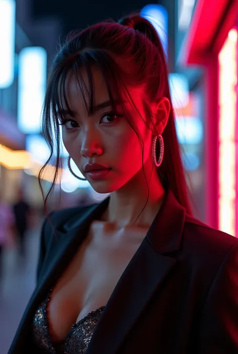 Close up Perfect body asian lady    Outfit: Statement blazer or metallic jacket over a bodysuit, paired with high-waisted pants or a mini skirt. Add hoop earrings or sparkly accessories.

Location: Downtown area with neon lights or lit-up shop signs at nig...