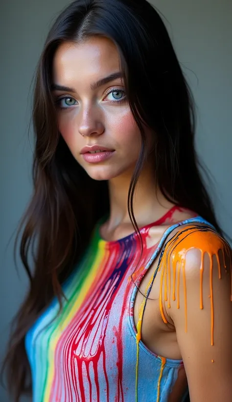 very beautiful young woman  , Dark straight hair,  blue eyes , Fall down your head and body waterfall of liters of paint of various colors that form a rainbow ,, Dancing ,  8k .