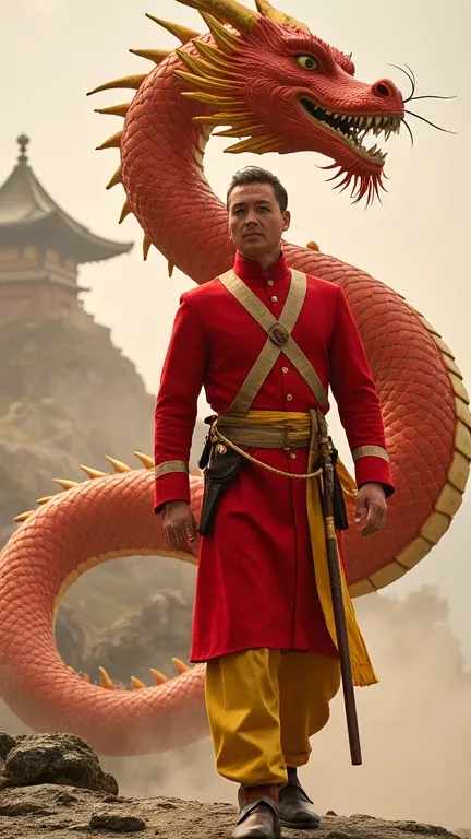 A Chinese soldier in a modern, stylish red and yellow uniform, accompanied by a massive dragon. The dragon has scales reflecting red and yellow, with a strong serpentine body and golden whiskers, its design reminiscent of imperial dragons seen in Chinese m...