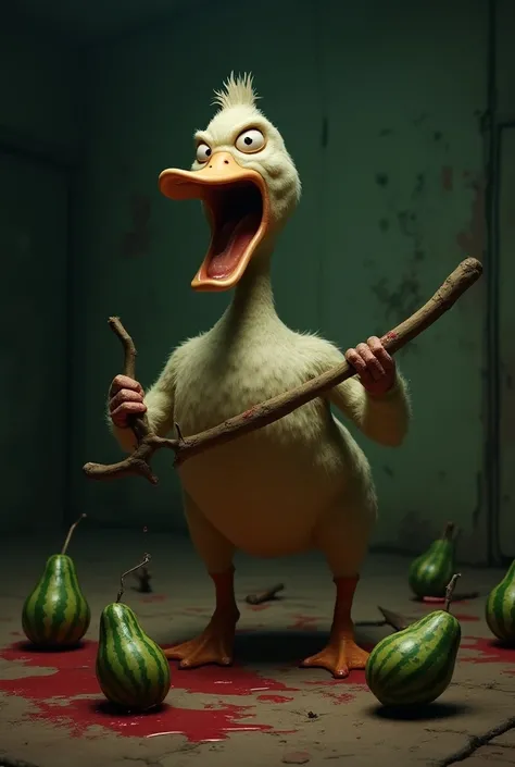  Create a dystopian image of a duck in a room whose plumage is dull and is holding a stick with nails,  and there are humanoid cartoonish watermelons riddled and violently abused , with watermelon juice around the room as if it were blood .  The image is a...