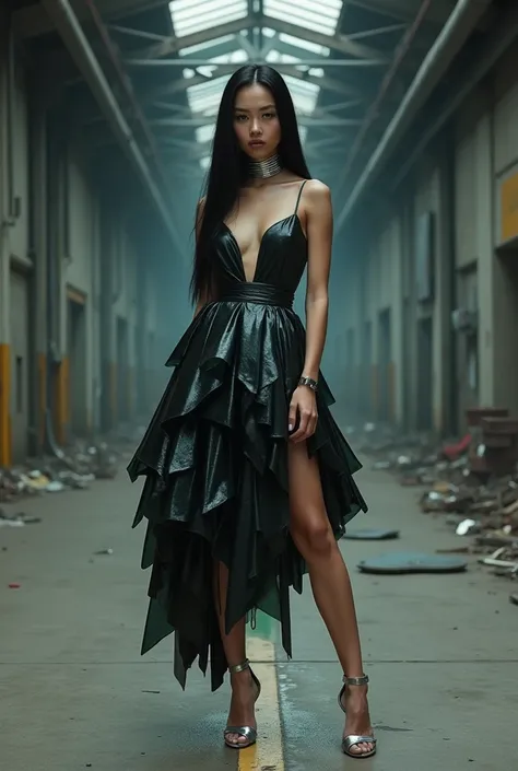 A young woman with long, straight black hair, dressed in an avant-garde dress made of layered glass shards, a metallic choker, and silver stilettos, posing in an industrial, abandoned warehouse.