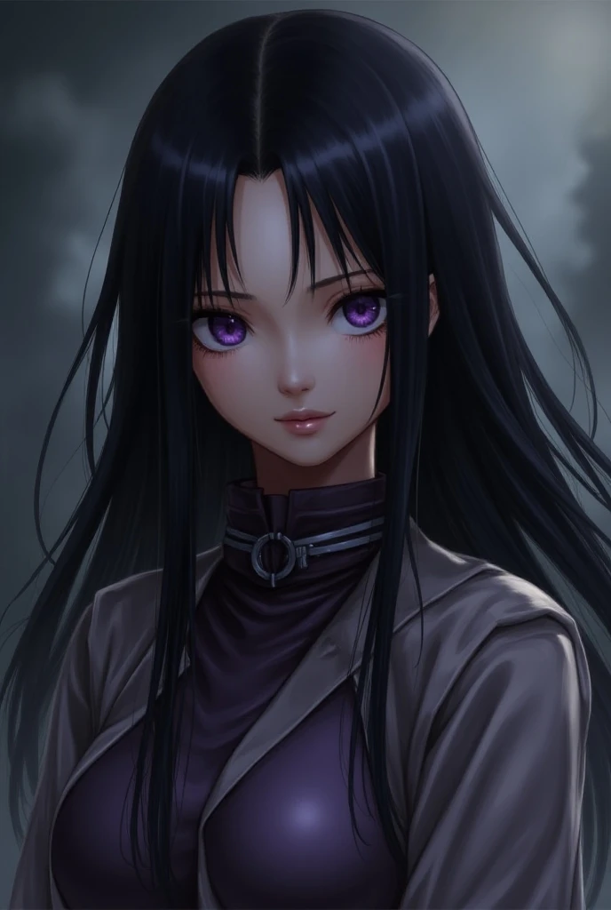 Un oc from Attack on Titan a girl with long black hair with beautiful purple eyes 