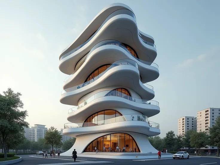 An apartment building that has a complex shape like parables in revolution