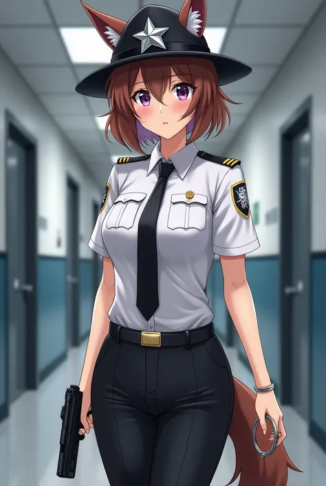 Adult prison guard women, brown short hair, black cowboy hat and Six-pointed silver star badges on hat, purple eyes color, dog ears, brown dog tail, white officer shirt and black tie, black trousers, she hold a taser gun and handcuff, she walking in the pr...