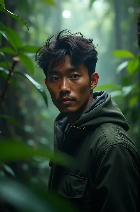 Indonesian man with a backpack walking through a lush, dense rainforest, beautiful detailed eyes, beautiful detailed lips, extremely detailed face and eyes, long eyelashes, adventurous expression, detailed clothing, realistic lighting, volumetric fog, dram...