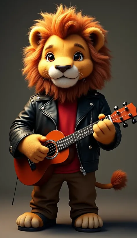 Lion with spiky hair, with red shirt,  black leather jacket , brown pants, com um ukulele
