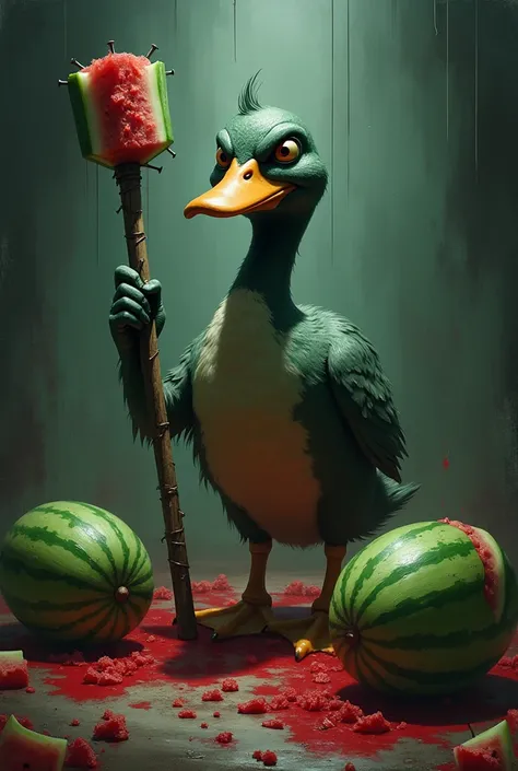  Create a dystopian image of a duck in a room whose plumage is dull and is holding a stick with nails,  and there are humanoid cartoonish watermelons riddled and violently abused , with watermelon juice around the room as if it were blood .  The image is a...