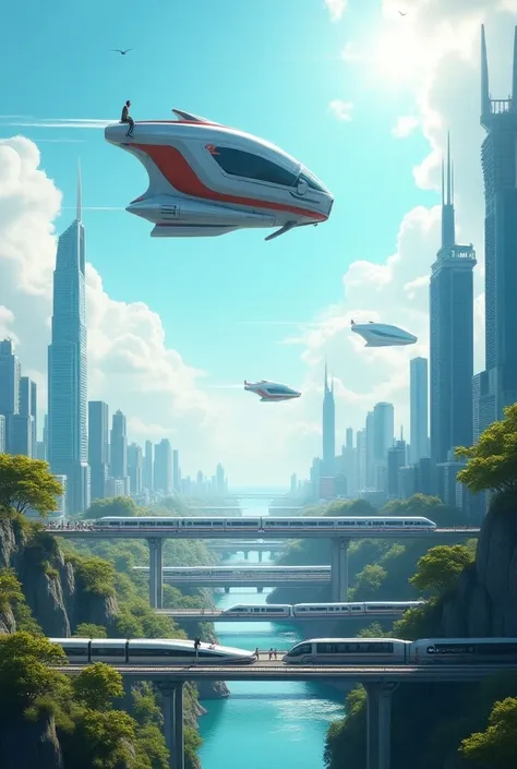  draw the Earth in the future .  draw cars flying in the sky and , Show me trains and ,  people.