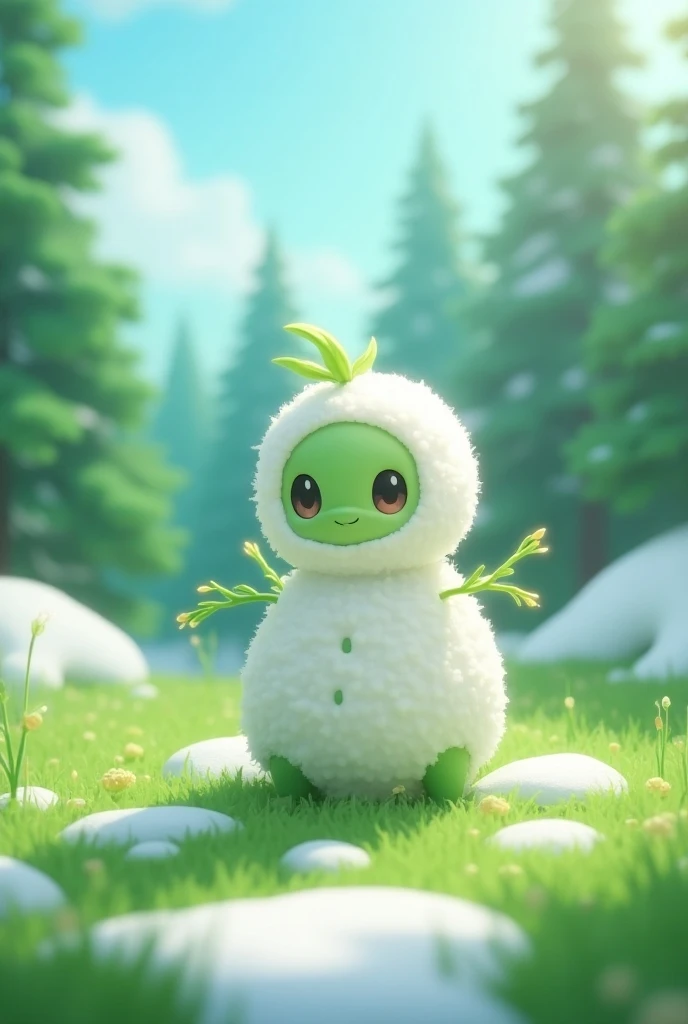 Pokemon, 3d anime, baby snowman, green skin, grass and ice type