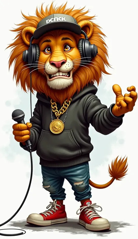 A humorous caricature of a lion dressed as a rapper, standing confidently with a cool, urban vibe. The lion has exaggerated features with a mischievous grin and large, expressive eyes. It wears a backwards baseball cap tilted to one side, oversized headpho...