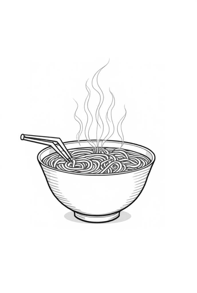 A bowl of ramen noodles with chopsticks.
 provide big bold line and easy and graphic design for coloring  pages for s please provide no colour in image