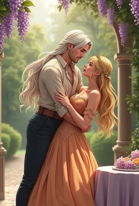  Very detailed digital illustration on the cover . Draw a couple for a realistic comic cover . Incredibly beautiful blonde 160 cm tall ,  with long golden hair ,  styled in a beautiful hairstyle ,  decorated with a tiara and ,  with long bangs , with blue ...