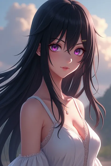 An attack on titan character, a girl with long black hair with beautiful purple eyes in a white dress other than a brentona. 
