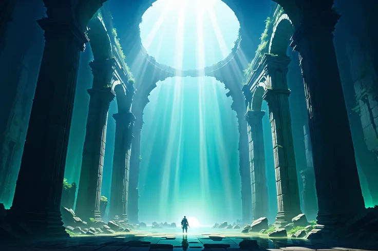 (masterpiece, Best Quality, Super detailed,anime,8k,), A place like an underwater ruins is depicted ,Symmetrical ruins ,( There is a large hole in the ceiling 、The light is coming from there),, The pillars and arches of the ruins are about to collapse ,, c...