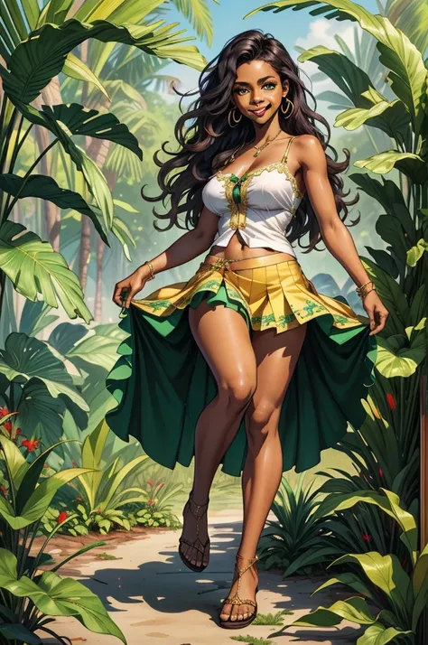 (extremely detailed CG unity 4k wallpaper),(masterpiece),(best quality),(ultra-detailed),(best illustration),(best shadow),(absurdres), Dominican young woman, Dark Brown skin, Long wavy black hair, Green eyes, Smile, Make-up, Tropical garden, green Short s...