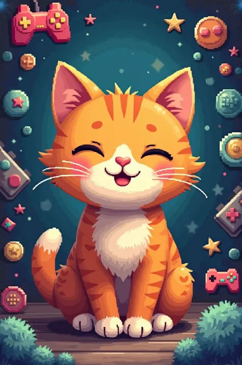 Orange cat in pixel art with video game control