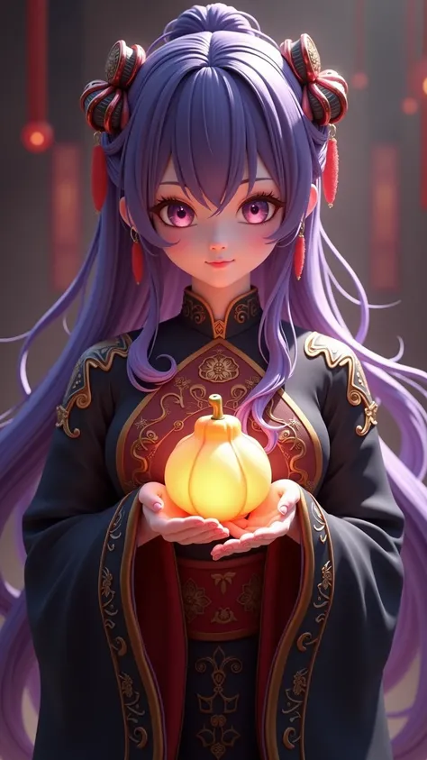  High Resolution, masterpiece,  high detail ,  Ultra HD,  Game Characters ，，，long purple hair,  Bangs, Black Chinese Drama Costume，Handmade Sugar Gourd ， Shine Effect , 3D Rendering, 