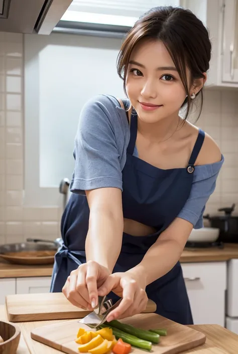 Big Eyes, cute double ,  woman cooking in a small kitchen,  wearing a simple navy apron, T-Shirts, Ribbon knot,  pretty atmosphere ,  medium hair, Knot, Scrunchie,  cute smile,  very detailed woman , Clothes with hidden breasts ,  detailed hair,  very deta...