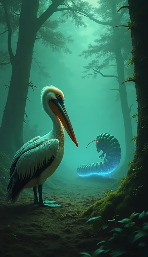 Pelican: Positioned on one side of the scene, with its large beak slightly open, capturing an intense, alert expression. Its feathers softly glow in the green-tinted twilight, adding a mystical and almost supernatural aura. The pelican stands tall, its win...