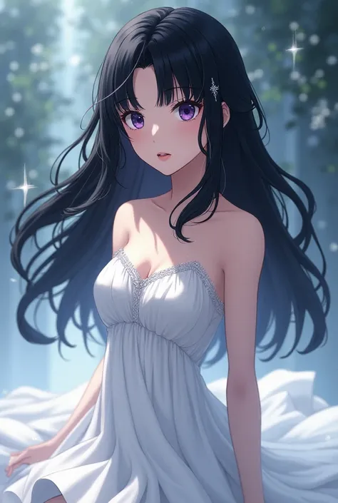 An attack on titan character, a girl with long black hair with beautiful purple eyes in a very pretty white dress ,THAT IS NOT FRONTONA  
