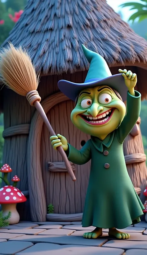 Bald green witch stole broom from hut 3d animated cartoon