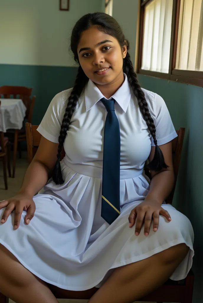 beautiful cute sri lankan 21 years old school girl, in barefoot, large breast size , 20 years old, wearing a white frock and a d...