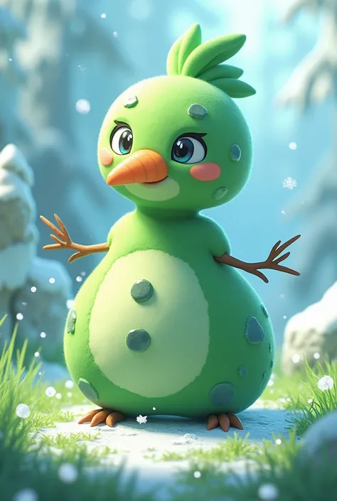 Pokemon, 3d anime, male teen snowman, green skin, grass and ice type