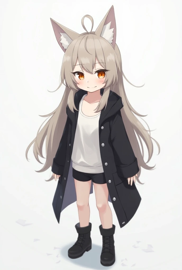 A quiet and shy anime-style character named Yuki Kagemori with long, light brown hair mixed with strong gray tones. The character has an irregular fringe with two thin strands falling at the sides of his face and expressive white cat ears. His eyes are ora...