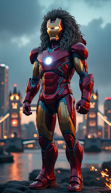 "Create a hyperrealistic digital artwork of Iron Man reimagined as a powerful lion hybrid, set against the backdrop of the London skyline with the Tower Bridge illuminated at dusk. His armor merges seamlessly with the traits of a lion—featuring a metallic ...