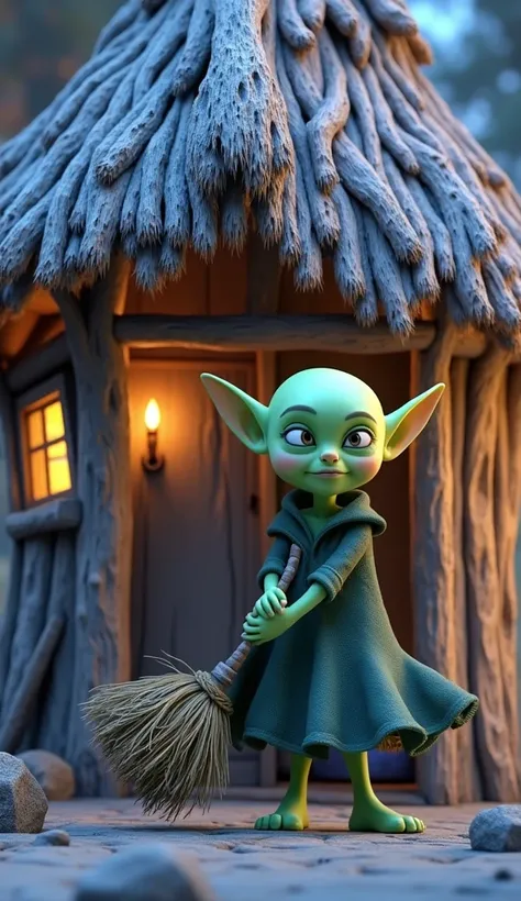 Bald green witch girl stole broom from hut in night 3d animated cartoon